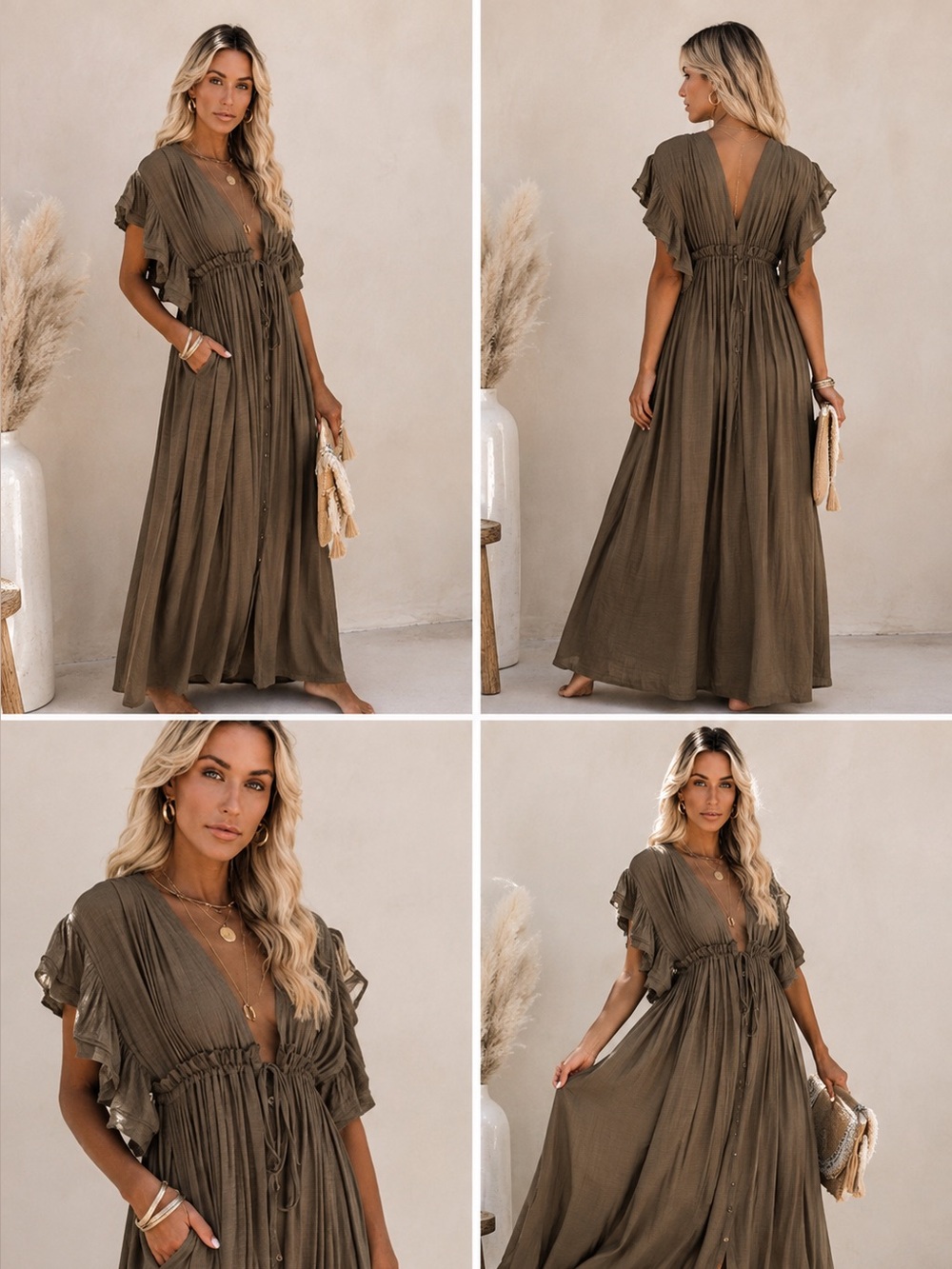 Flawless- S- NWT Women's Ruffle Sleeve BOHO Maxi Dress in Olive Brown